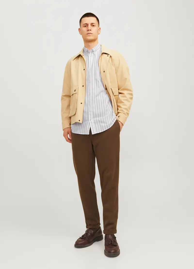 Camicia Slim Fit A Righe Con Taschino Uomo, Unisex, Bianco/Beige