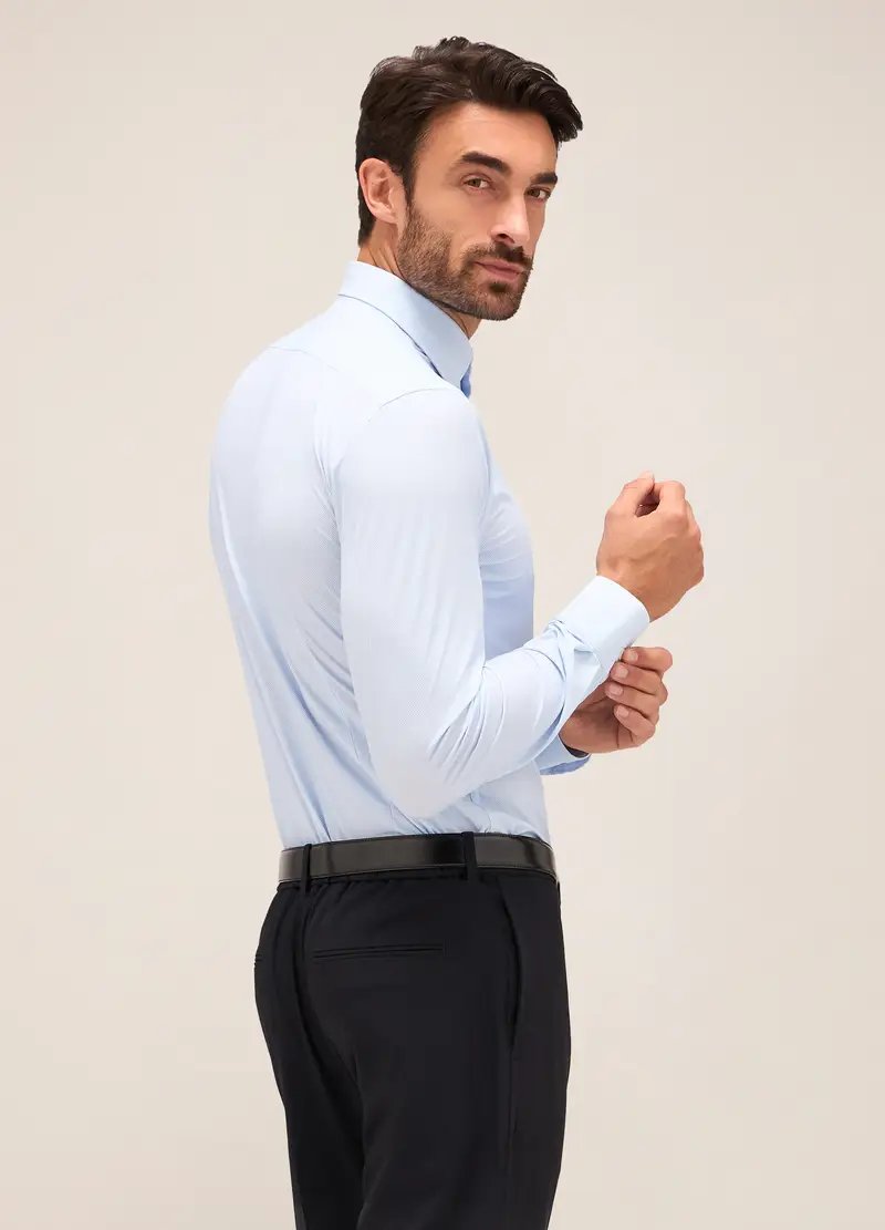 Camicia Slim Fit Colletto Classico In Tessuto Stretch Uomo, Azzurro miniatura 2