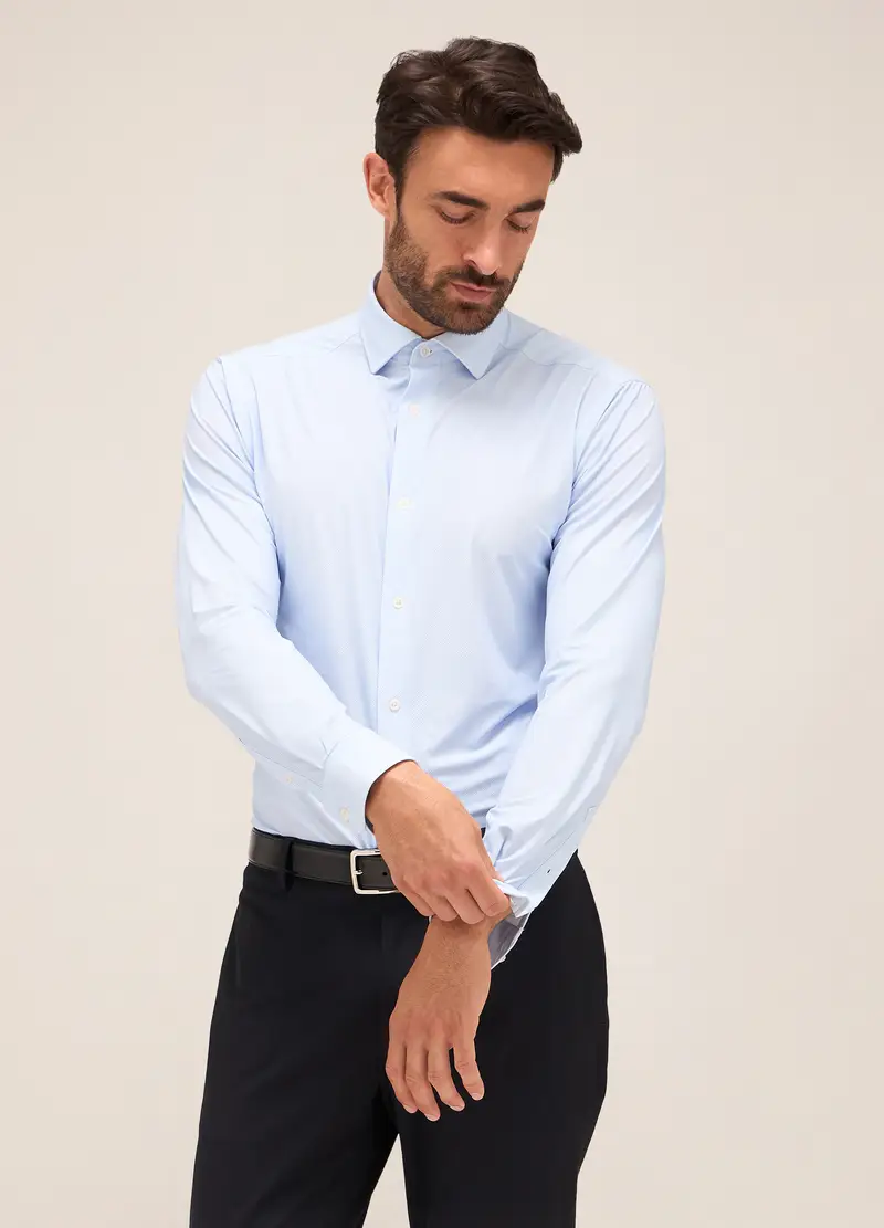 Camicia Slim Fit Colletto Classico In Tessuto Stretch Uomo, Azzurro miniatura 3