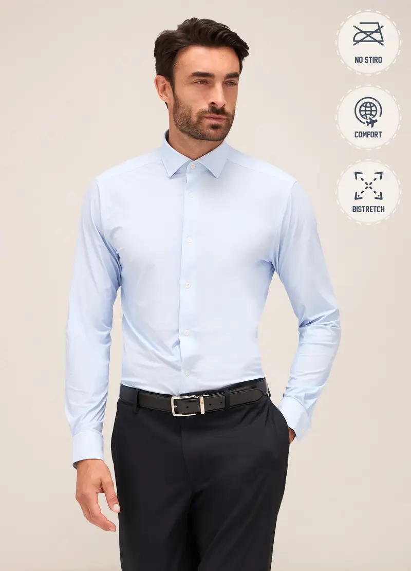 Camicia Slim Fit Colletto Classico In Tessuto Stretch Uomo, Azzurro