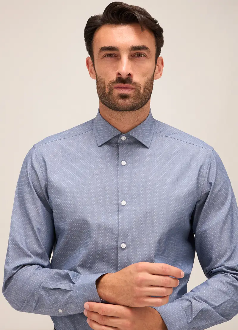 Camicia Slim Fit Colletto Francese In Cotone Uomo, Azzurro/Grigio miniatura 3