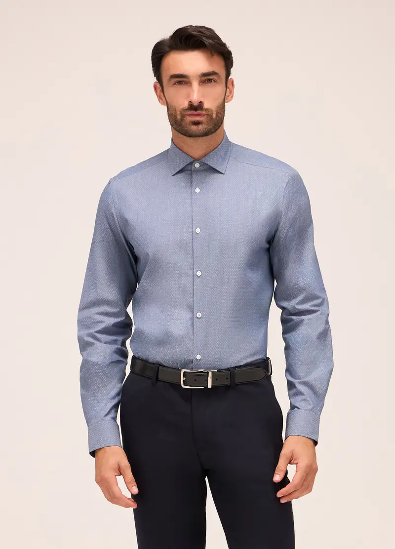 Camicia Slim Fit Colletto Francese In Cotone Uomo, Azzurro/Grigio