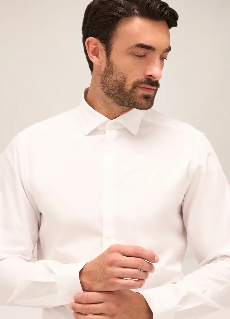 Camicia Slim Fit Colletto Francese In Cotone Uomo, Bianco gesso miniatura 3