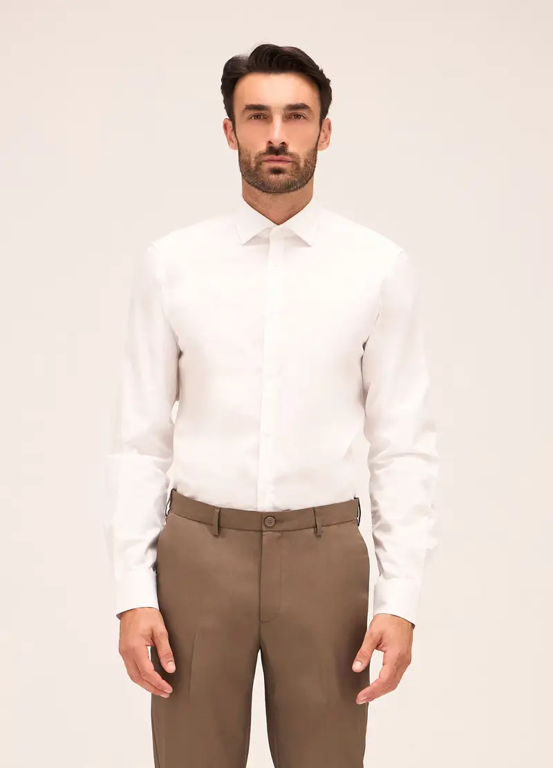 Camicia Slim Fit Colletto Francese In Cotone Uomo, Bianco gesso