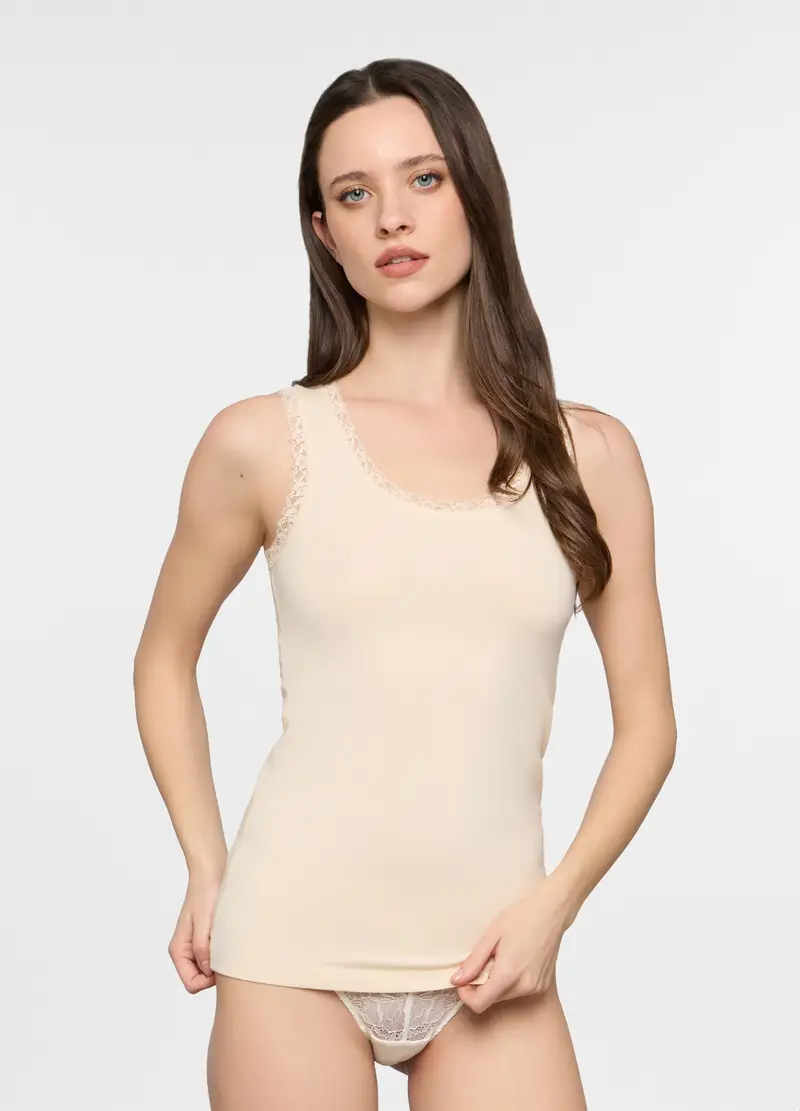 Canotta Con Pizzo Stretch Donna, Bianco avorio