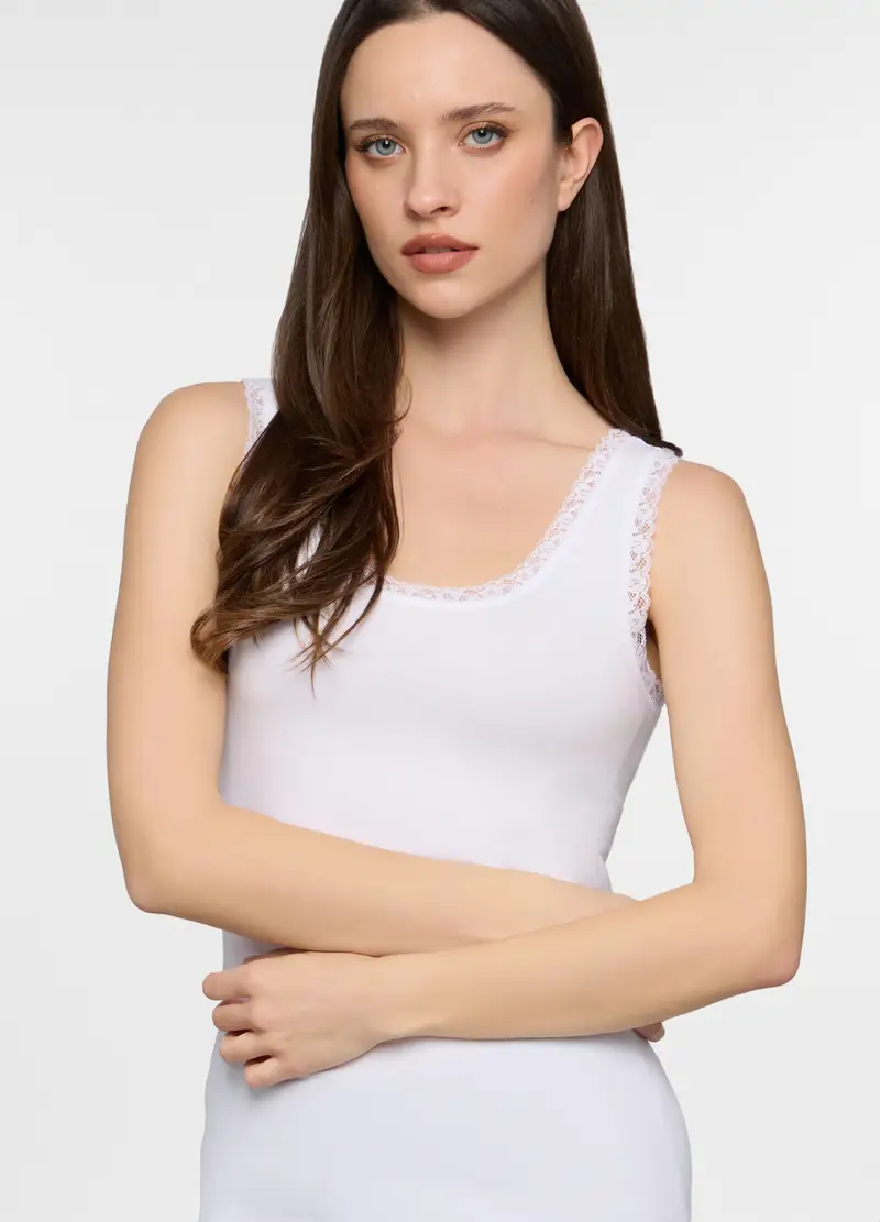 Canotta Con Pizzo Stretch Donna, Bianco gesso miniatura 3