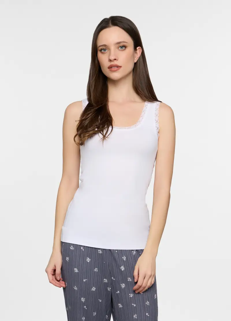 Canotta Con Pizzo Stretch Donna, Bianco gesso