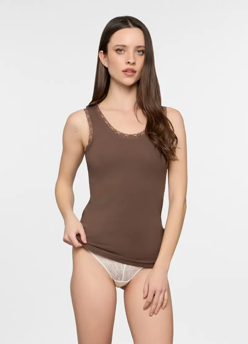 Canotta Con Pizzo Stretch Donna, Marrone cioccolato