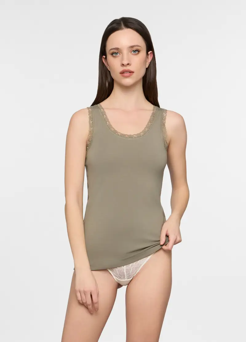 Canotta Con Pizzo Stretch Donna, Verde oliva