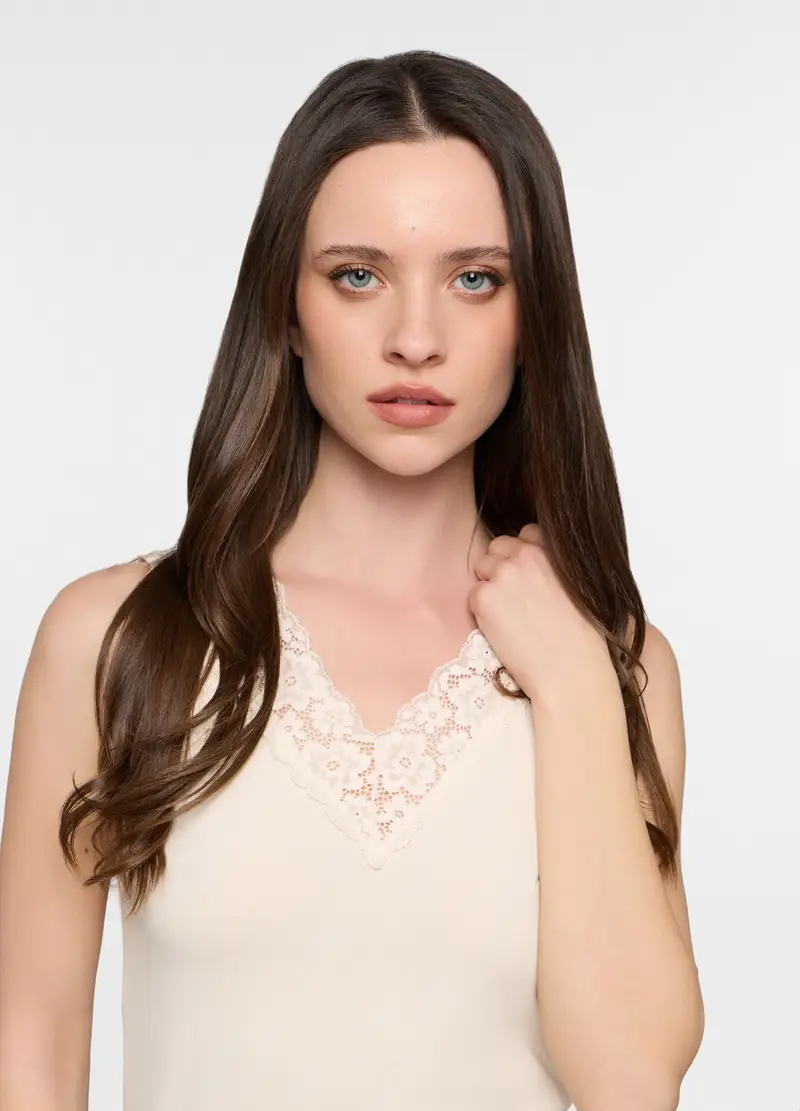 Canotta Con Scollo A V Stretch Donna, Bianco avorio miniatura 3