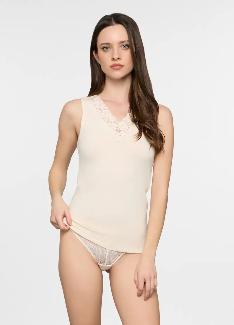 Canotta Con Scollo A V Stretch Donna, Bianco avorio
