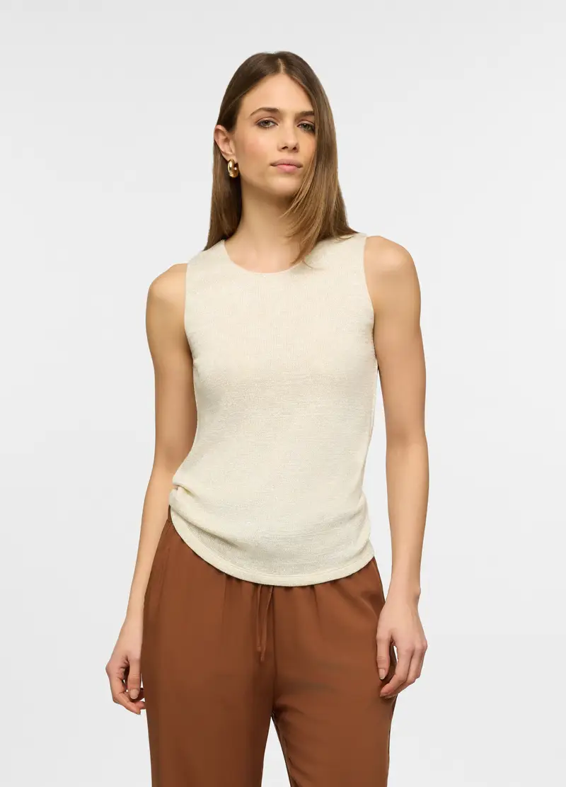 Canotta Con Scollo Rotondo Stretch In Filo Lurex Donna, Beige chiaro