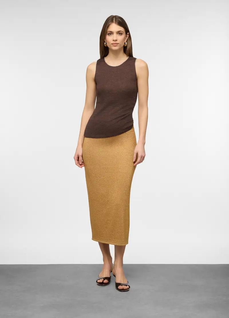 Canotta Con Scollo Rotondo Stretch In Filo Lurex Donna, Marrone scuro