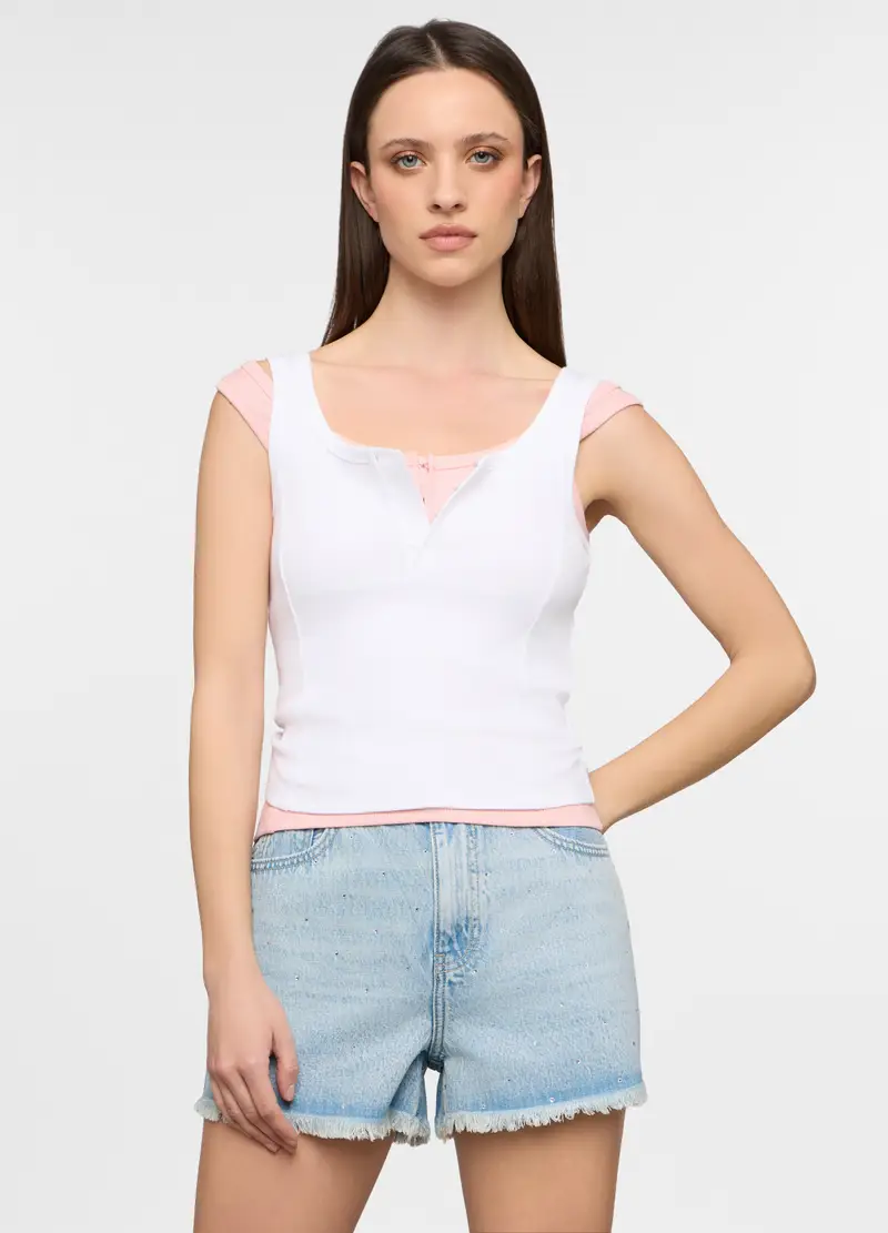 Canotta Corsetto Fitted In Costina Stretch Donna, Bianco gesso