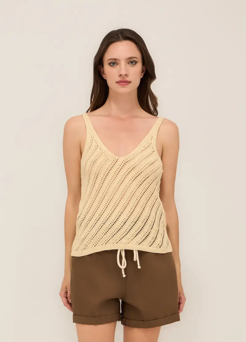 Canotta Crochet In Misto Cotone Donna, Bianco avorio