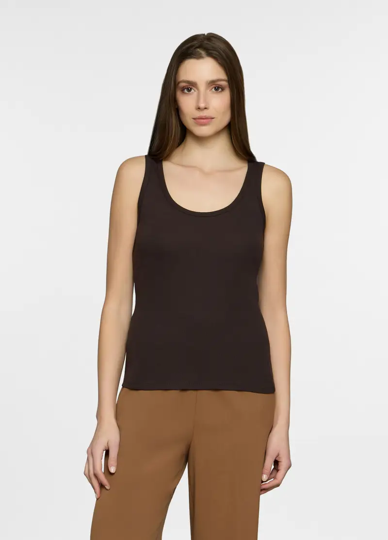 Canotta Fitted Con Scollo Rotondo Donna, Marrone cioccolato