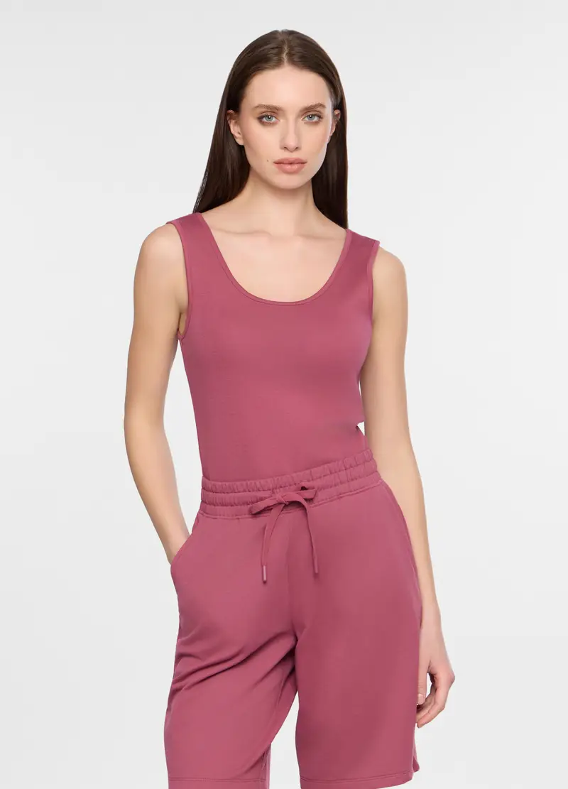 Canotta Fitted In Costina Stretch Donna, Rosa cipria