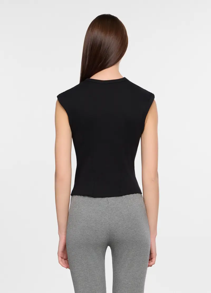 Canotta Girocollo In Costina Stretch Donna, Nero miniatura 2