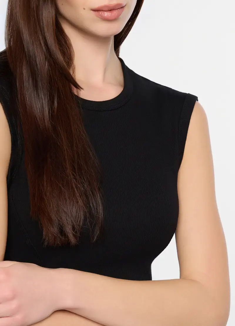 Canotta Girocollo In Costina Stretch Donna, Nero miniatura 3