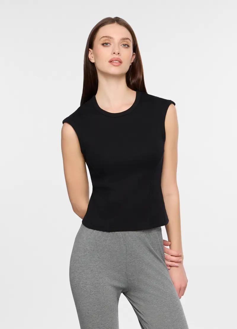 Canotta Girocollo In Costina Stretch Donna, Nero