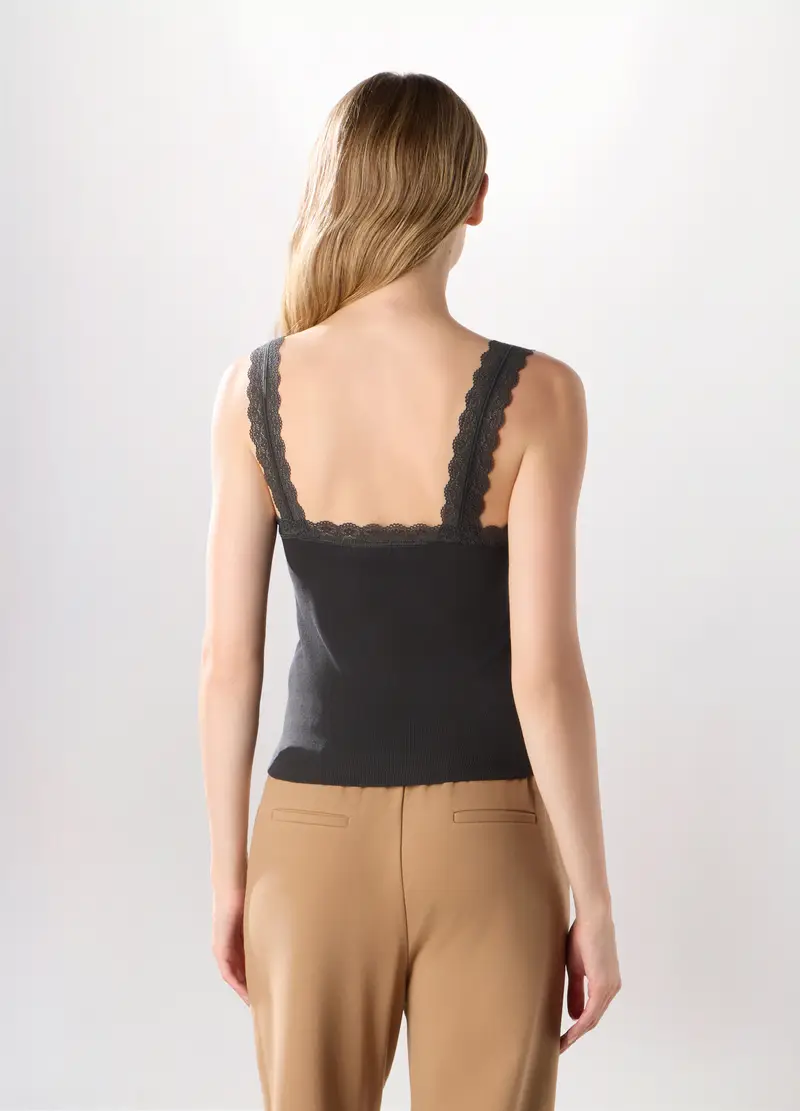 Canotta In Costina Di Cotone Stretch Donna, Grigio scuro miniatura 2