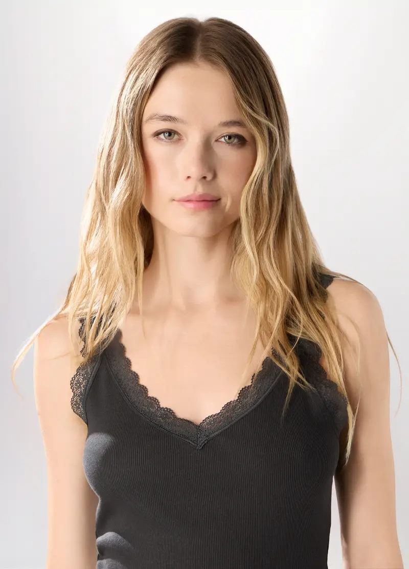 Canotta In Costina Di Cotone Stretch Donna, Grigio scuro miniatura 3