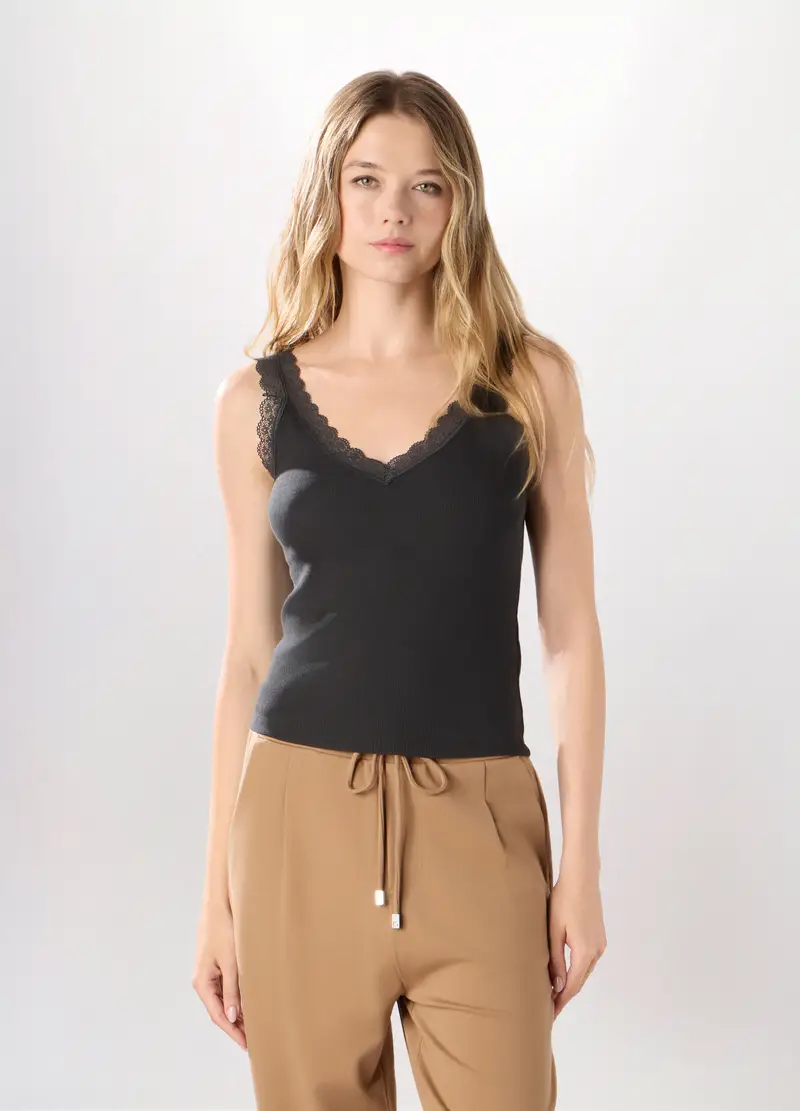 Canotta In Costina Di Cotone Stretch Donna, Grigio scuro