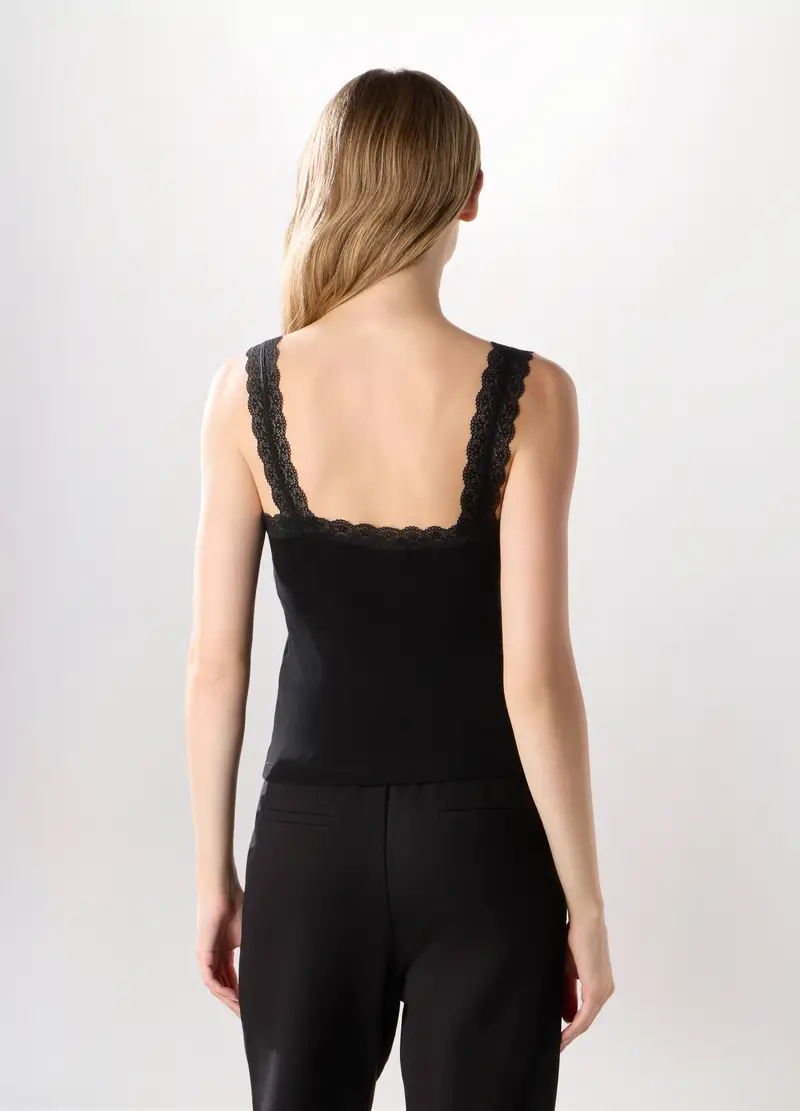 Canotta In Costina Di Cotone Stretch Donna, Nero miniatura 2