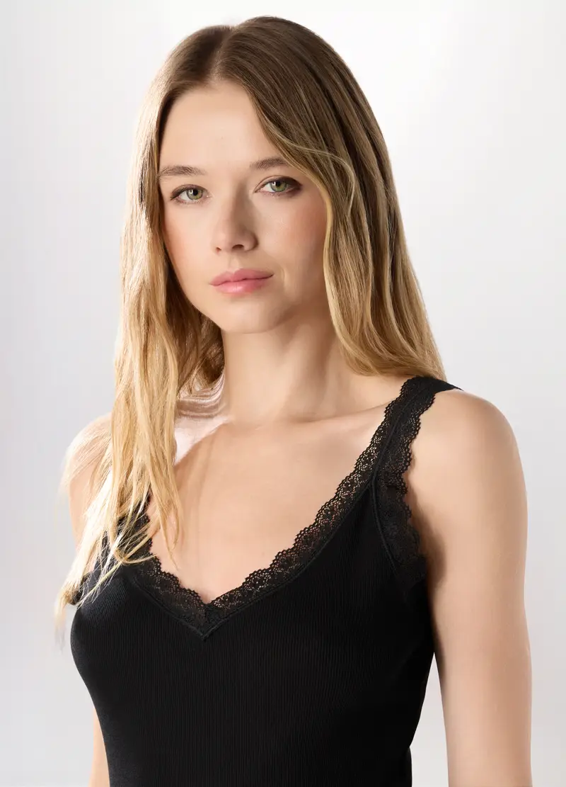 Canotta In Costina Di Cotone Stretch Donna, Nero miniatura 3