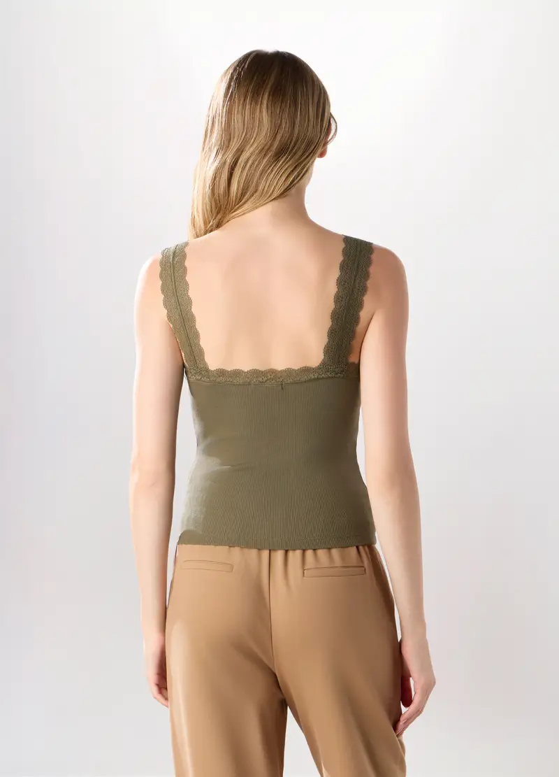 Canotta In Costina Di Cotone Stretch Donna, Verde oliva miniatura 2