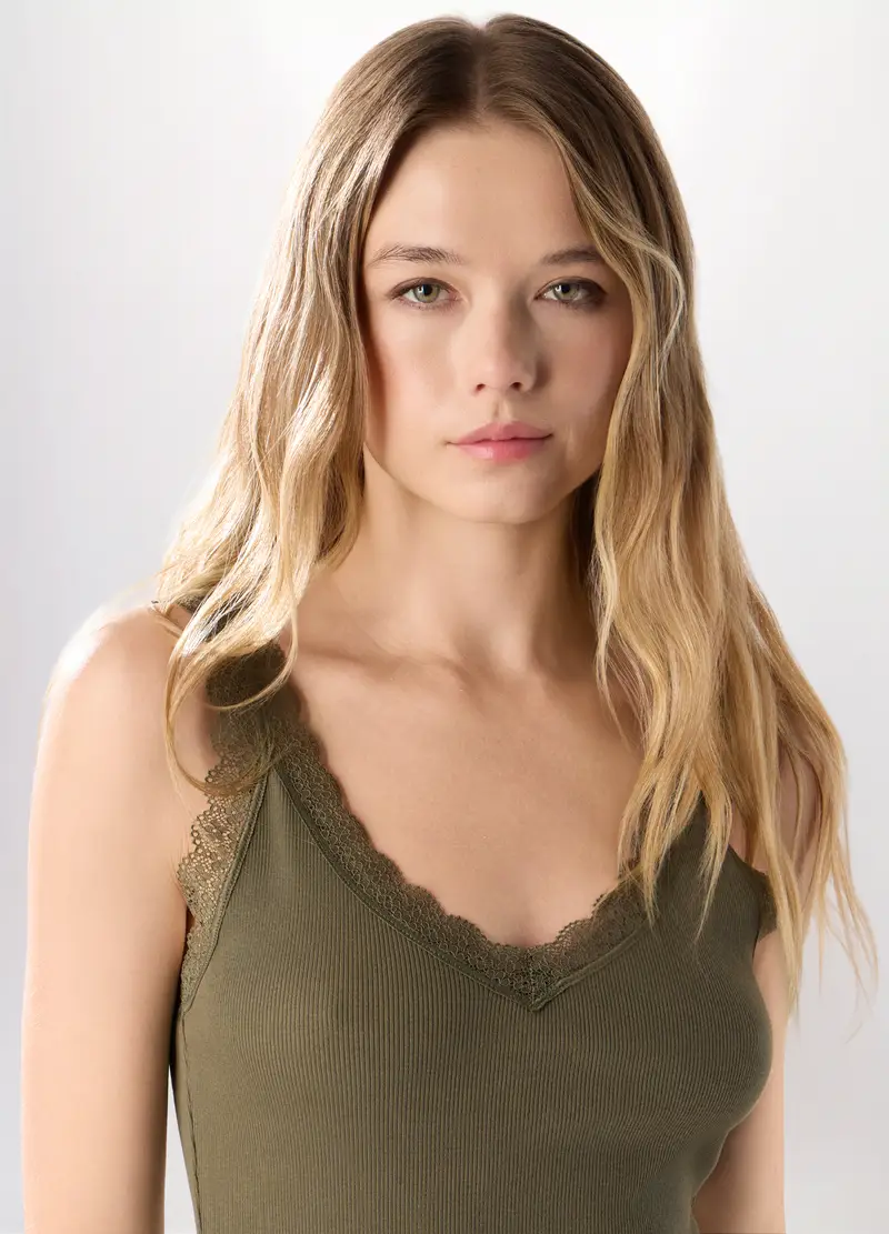 Canotta In Costina Di Cotone Stretch Donna, Verde oliva miniatura 3