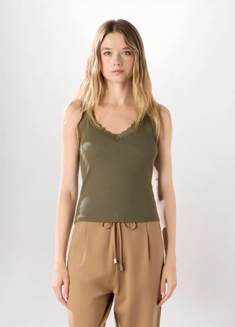 Canotta In Costina Di Cotone Stretch Donna, Verde oliva