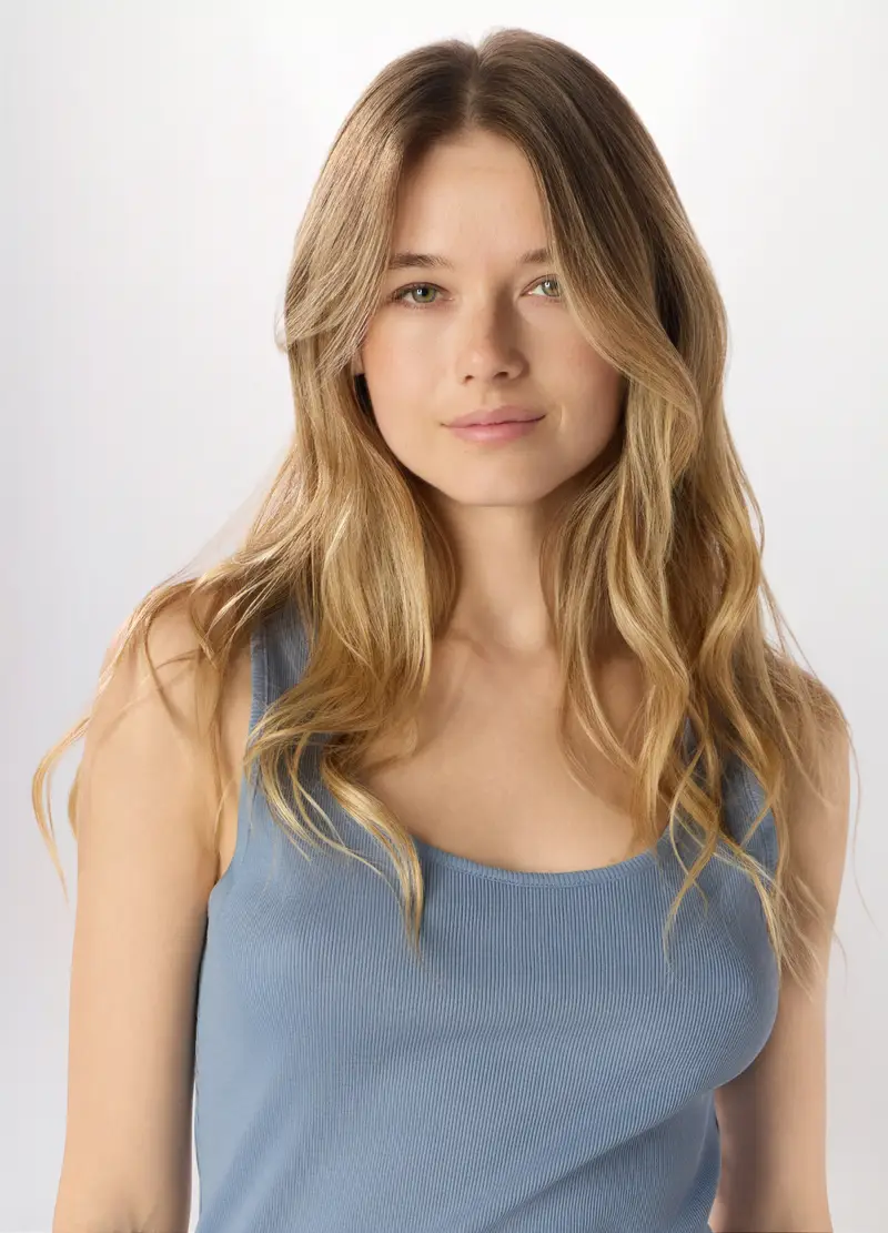 Canotta In Costina Di Puro Cotone Donna, Azzurro miniatura 3