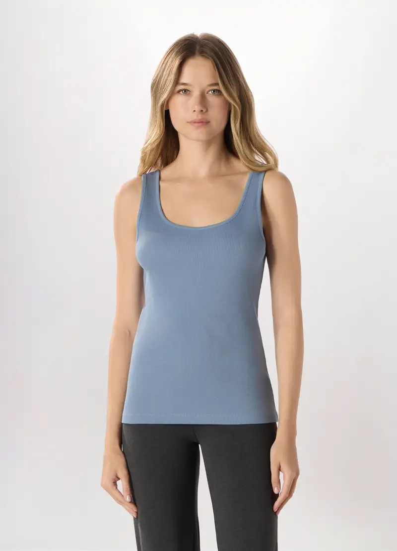 Canotta In Costina Di Puro Cotone Donna, Azzurro