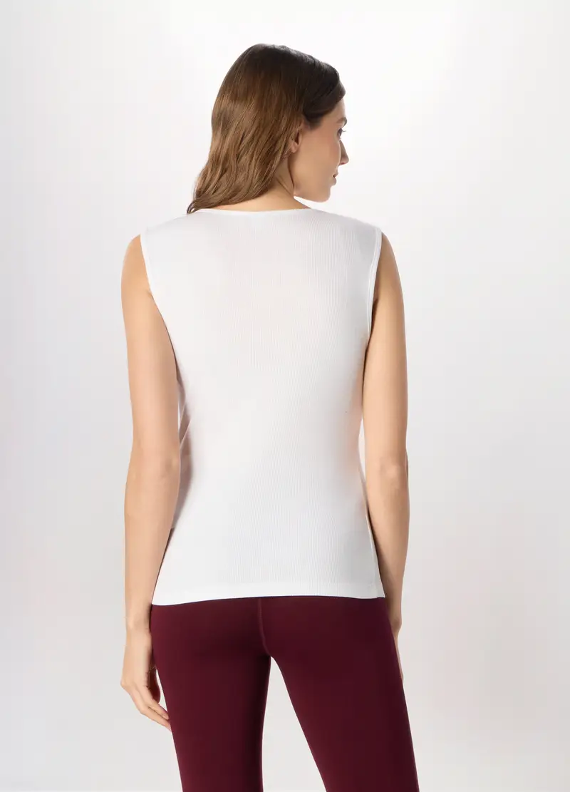 Canotta In Costina Di Puro Cotone Donna, Bianco panna miniatura 2