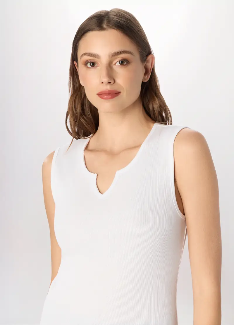 Canotta In Costina Di Puro Cotone Donna, Bianco panna miniatura 3