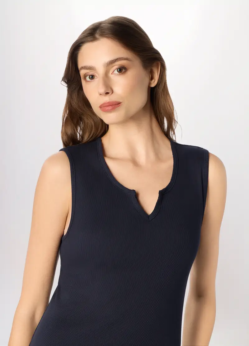 Canotta In Costina Di Puro Cotone Donna, Blu navy miniatura 3