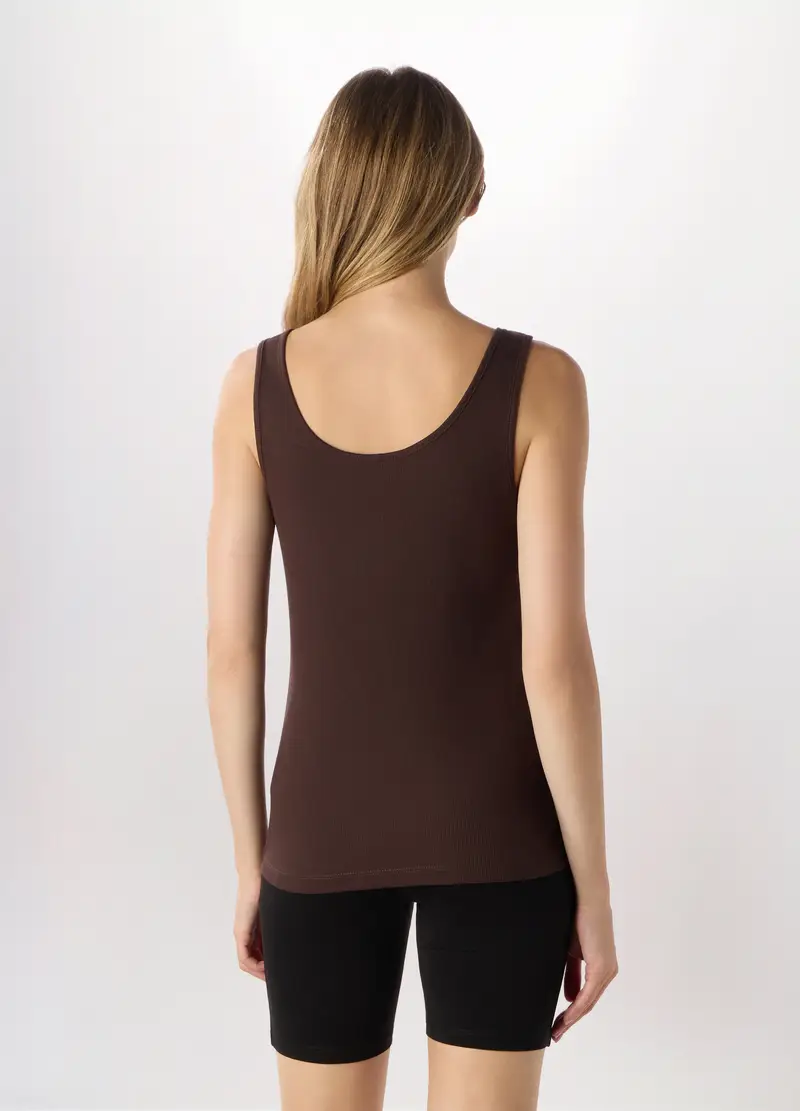 Canotta In Costina Di Puro Cotone Donna, Marrone cioccolato miniatura 2