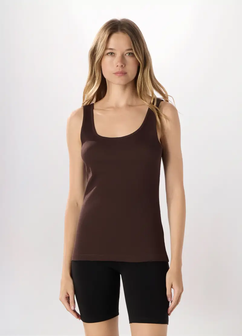 Canotta In Costina Di Puro Cotone Donna, Marrone cioccolato