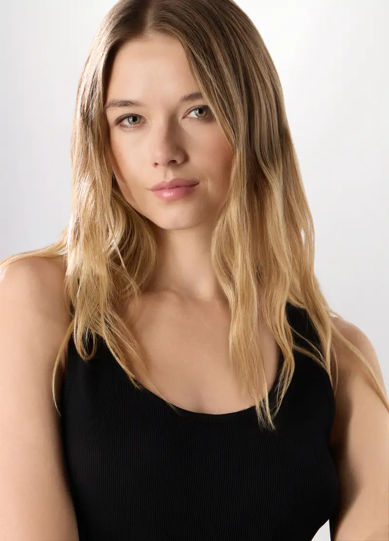 Canotta In Costina Di Puro Cotone Donna, Nero miniatura 3