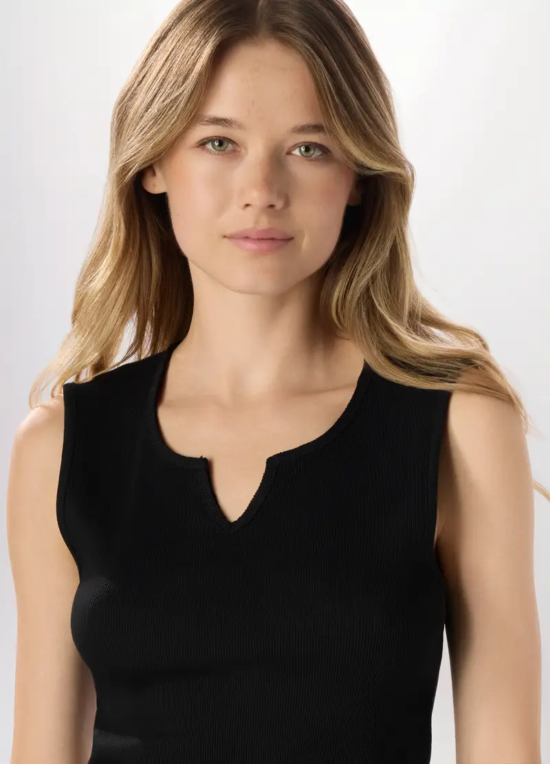 Canotta In Costina Di Puro Cotone Donna, Nero miniatura 3