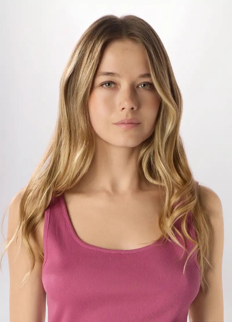 Canotta In Costina Di Puro Cotone Donna, Rosa pastello miniatura 3