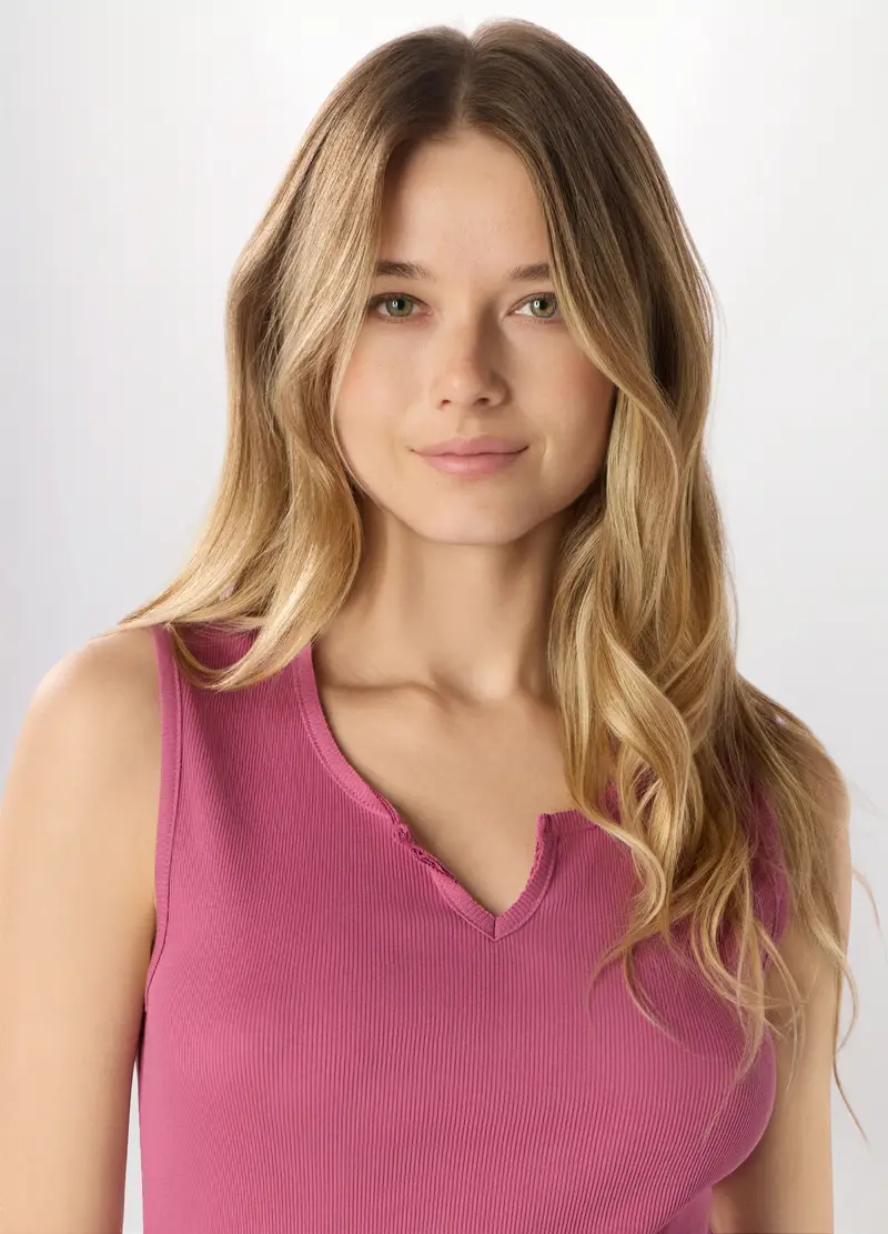 Canotta In Costina Di Puro Cotone Donna, Rosa pastello miniatura 3