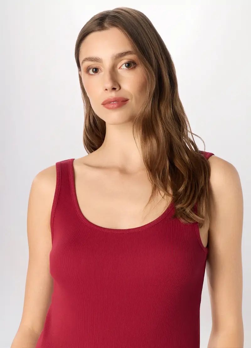 Canotta In Costina Di Puro Cotone Donna, Rosso aragosta miniatura 3