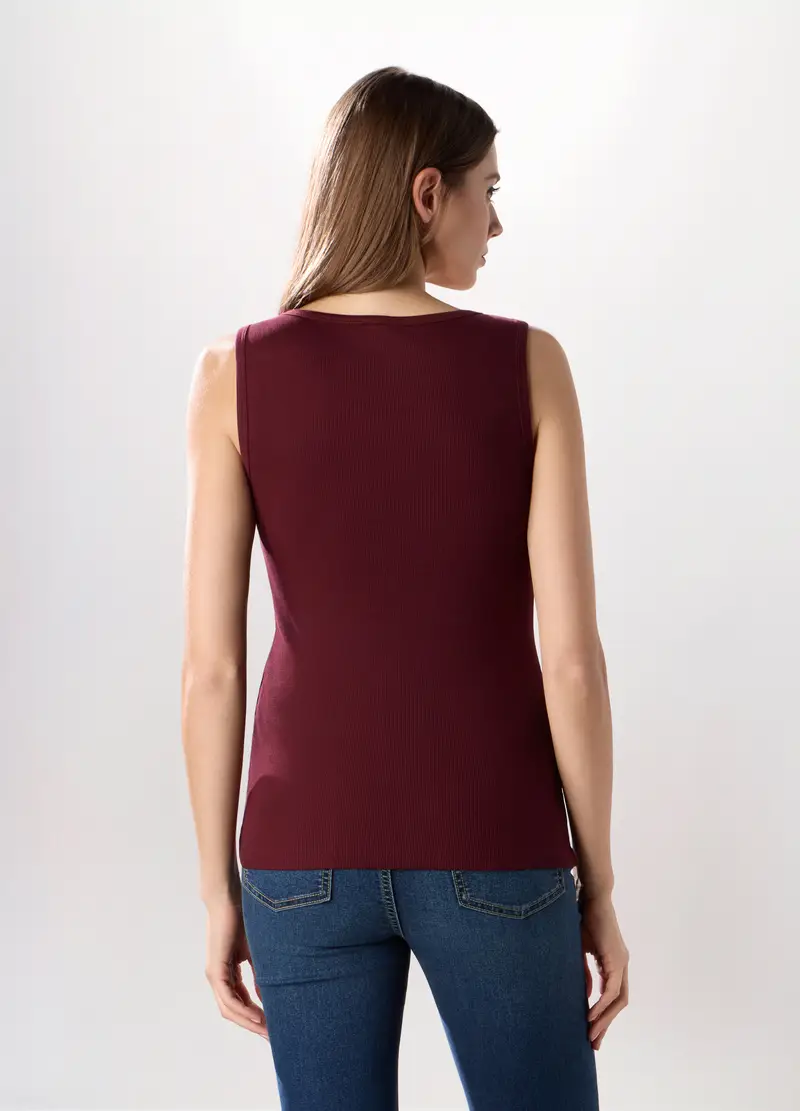 Canotta In Costina Di Puro Cotone Donna, Rosso bordeaux miniatura 2