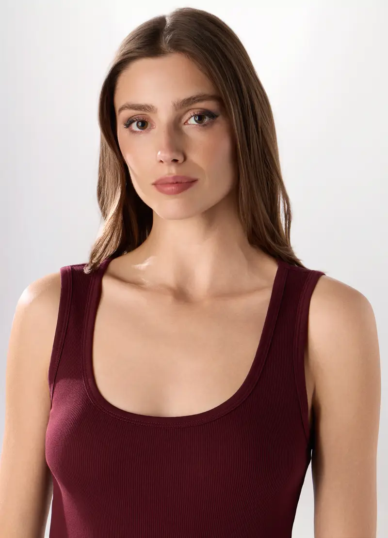 Canotta In Costina Di Puro Cotone Donna, Rosso bordeaux miniatura 3