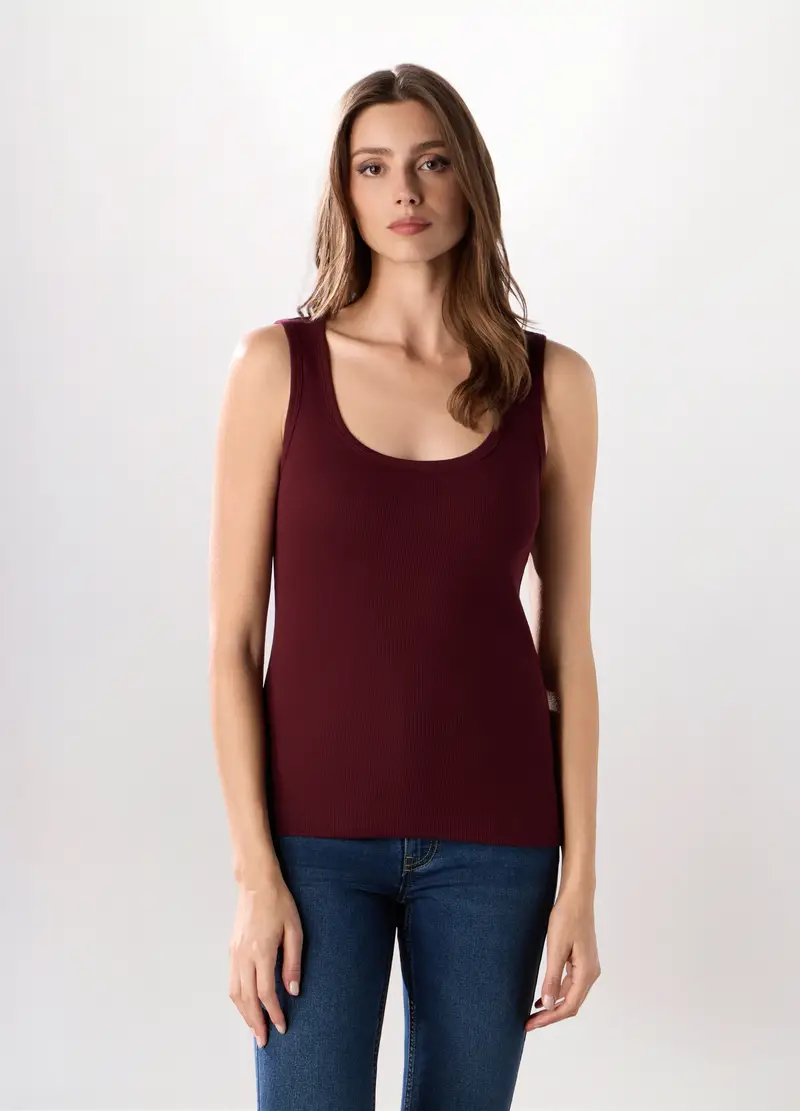 Canotta In Costina Di Puro Cotone Donna, Rosso bordeaux