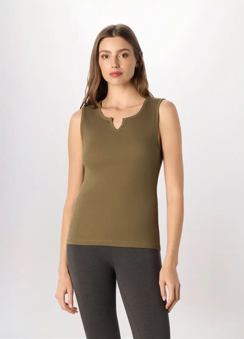 Canotta In Costina Di Puro Cotone Donna, Verde oliva