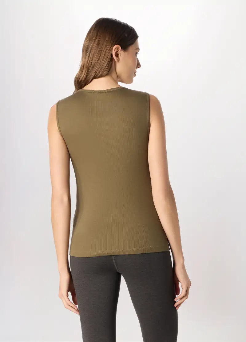 Canotta In Costina Di Puro Cotone Donna, Verde oliva miniatura 2