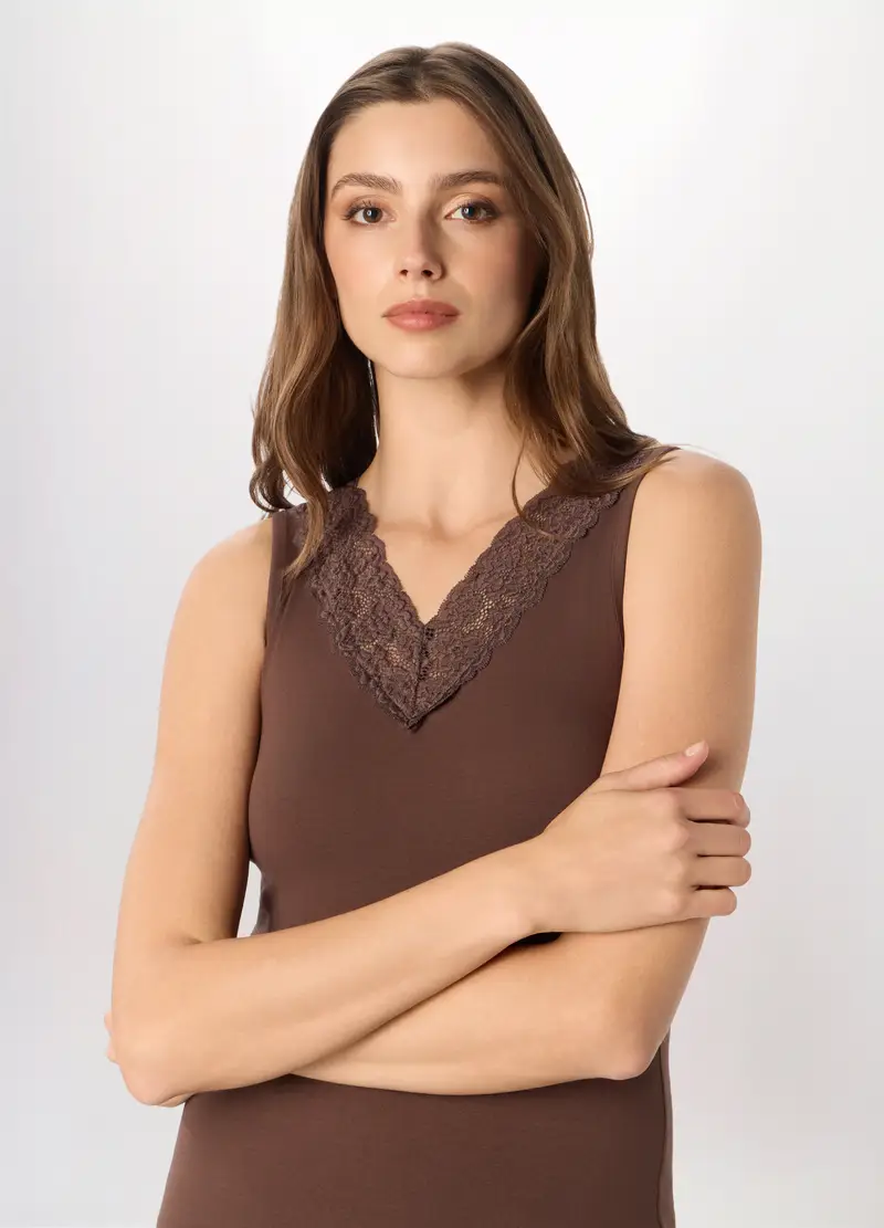 Canotta In Jersey Di Cotone Stretch Donna, Marrone scuro miniatura 3